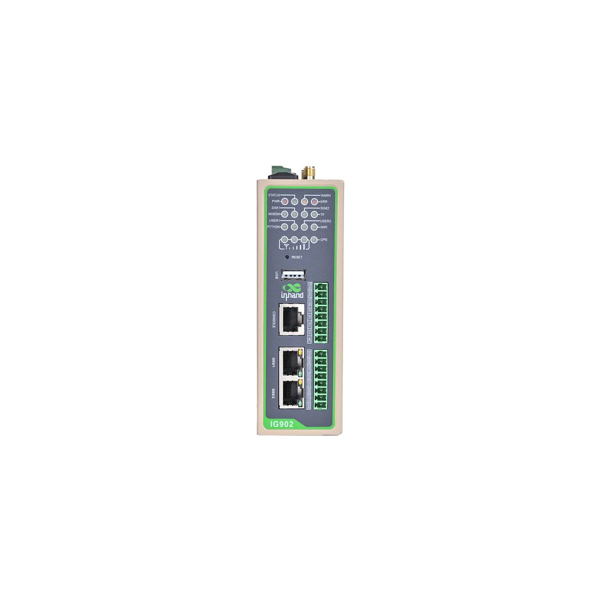 Gateway IG902 InHand con porte Ethernet, seriali RS232 RS485 e I/O digitali.