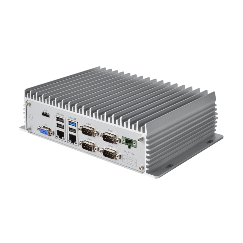 Box PC NP-00-3230-C industriale fanless in acciaio alluminio per montaggio a parete.