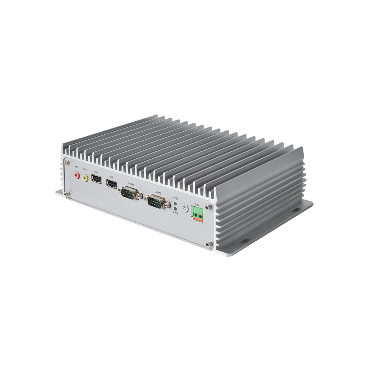 Box PC NP-00-3230-C industrial fanless steel aluminum chassis for wall mounting.