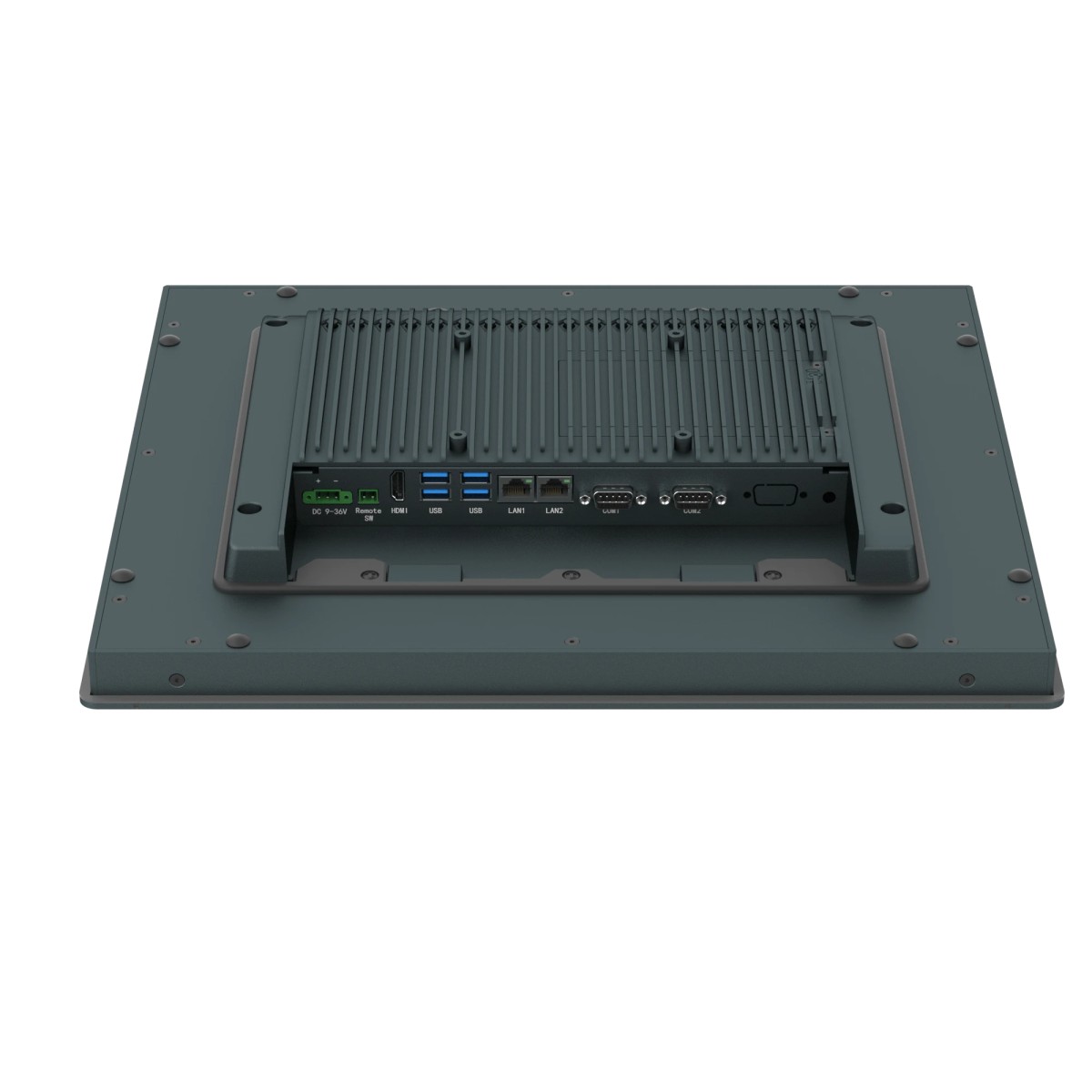 Panel PC Jxxx-FC-30x industriali fanless con display 15,6 pollici widescreen e touch capacitivo vista retro 1